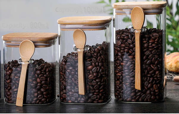 NepLiving Kitchen Storage Box Using Transparent Glass Sealed Canned Candy Coffee Bean Jar, With Spoon And Bamboo Lid-Pack Of 3