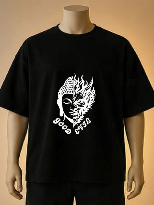 "Good%20vs%20Evil"%20Split%20Buddha%20&%20Demon%20Face%20%7C%20Graphic%20Printed%20T-Shirt-%20White,%20Black,%20Brown%20-%20Image%202