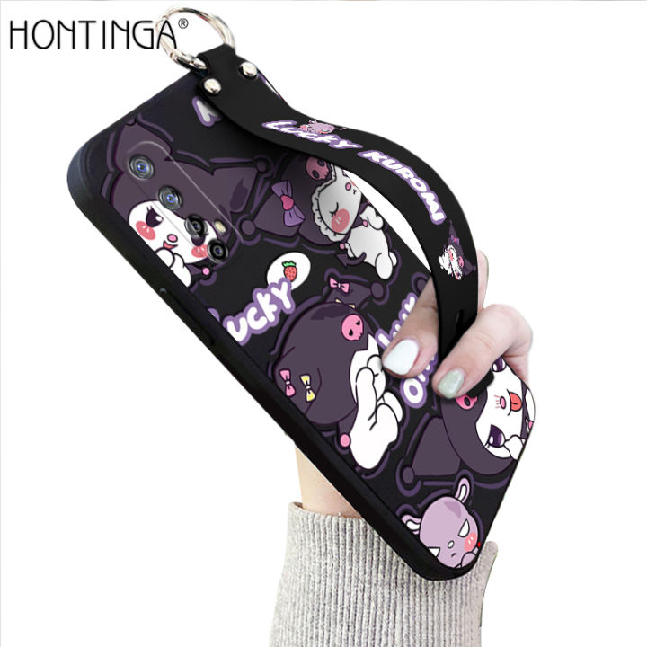 Hontinga for Realme 7 Narzo 20 Pro Back Cover Wrist Strap Cute Kuromi Printed Square Liquid Silicone Phone Case