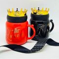 1 Pcs Red & Black Queen+King Ceramic Cup-Crown Mug With Lid For Coffee,Tea. 
