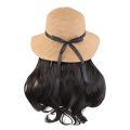 Casual Sun Protection Summer Straw Sun Hat Wig Breathable Foldable Fisherman Hat with Built-in Wig Wide Brim Hairpiece Long Wavy Curly Hair Vacation Accessory. 