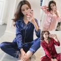 Korean Satin Silk Floral Pajama Set- Full Sleeve-Sleepwear- Nightdress (L-XXL) For Girls. 