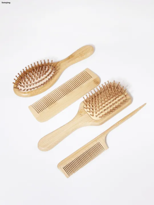 Sutuiying%204PCS%20natural%20bamboo%20and%20wood%20comb,%20anti-static,%20pointed%20tail%20comb,%20Fifty%20percent%20discount%20oval%20square%20scalp%20massage%20brush,%20dry%20and%20wet%20dual-purpose%20-%20Image%204