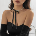Retro Imitation Pearl Beads Necklace Clavicle Chain Long Ribbon Bow Choker Women Simple Jewelry Fashion Accessories. 