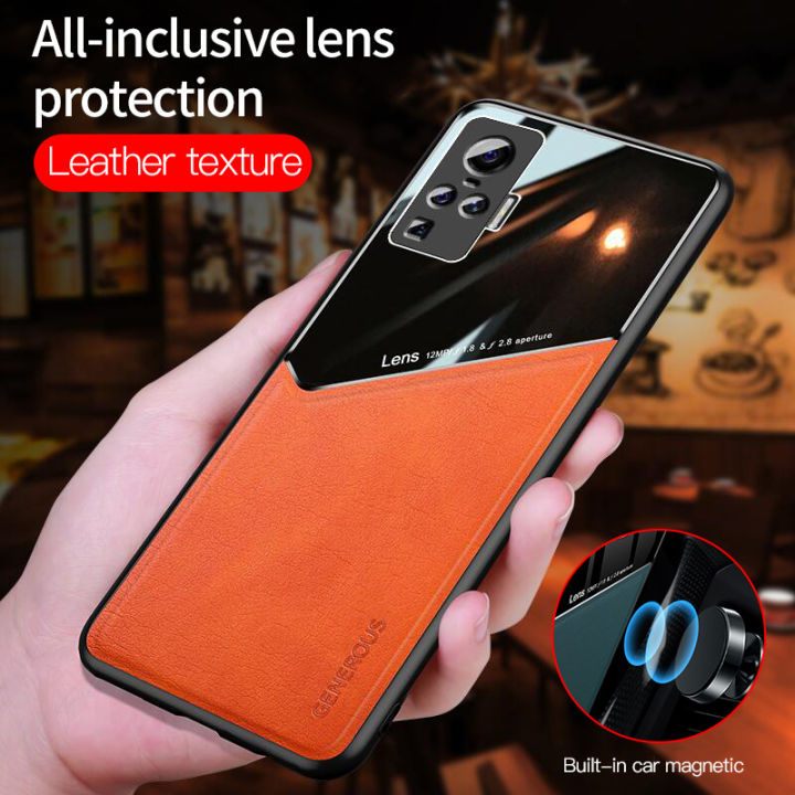 Lenuo For Vivo X50 Pro Case Leather Texture Car Magnetic Holder Back Cover Soft Silicon Frame Shockproof Casing