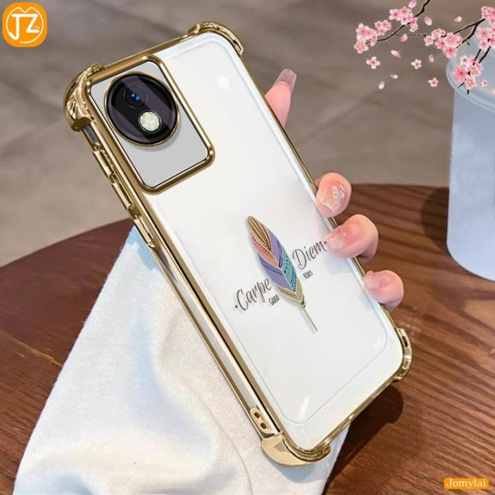 For Vivo Y02 Vivo Y02A Vivo Y02T Soft Case Minimalist Feather Four Corners Anti-fall Cover Has 6 Colors Black Golden Silver Blue Pink Purple