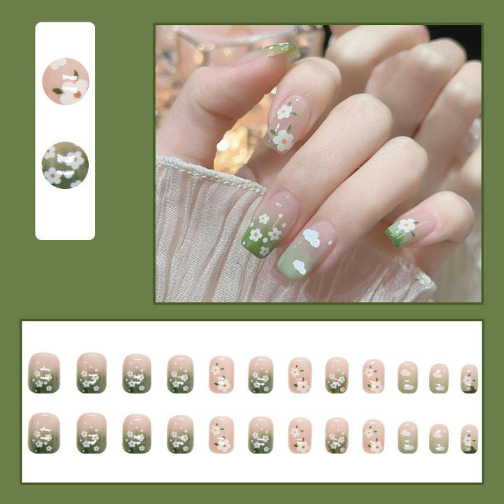 24Pcs%20Spring%20Lovely%20Short%20Green%20Flower%20Fake%20Nails%20with%20Glue%20DIY%20Art%20Design%20False%20Nails%20Wearable%20Nails%20Stylish%20Pattern%20Artificial%20Nails%20-%20Image%202