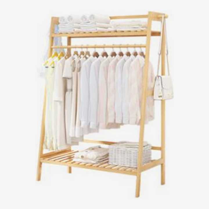 Bamboo Garment Coat Clothes Hanging Heavy Duty Rack With Top Shelf