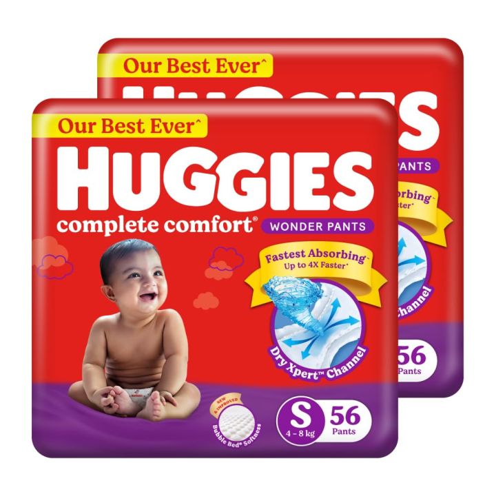 Huggies Wonder Pants (S) 112 pcs Size (4-8 Kgs) Baby Diaper Pants| Complete Comfort India's Fastest Absorbing Diaper with upto 4x faster absorption