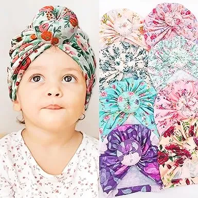 Newborn Baby Girl Turban Hat with Bun Knot Infant Floral Prints