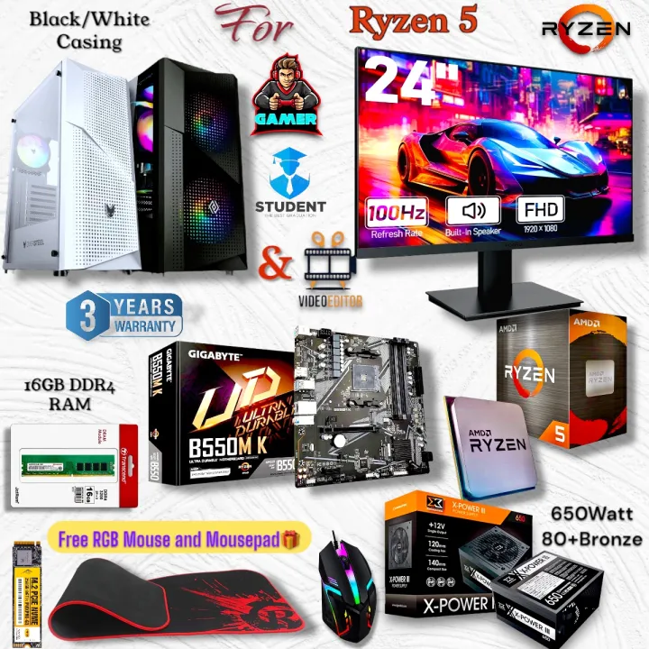 Gaming PC Full Setup Ryzen 5 5600GT/ 100hz 24" 1ms 100%Srgb Gaming ...