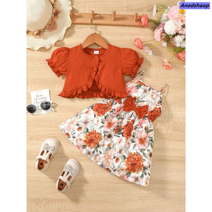 NEW Anedshaop Special Clothes for Kids Girl 1-6 Years 2PCS Set Sling Floral Dress Solid Short Sleeves Overcoat Costume Summer Dress Girl Outfit