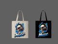 "Music" Blue Flame Skull with Headphones Graphic Printed Tote Bag– Eco-Friendly Cotton Shoulder Shopping Bag-White, Black. 