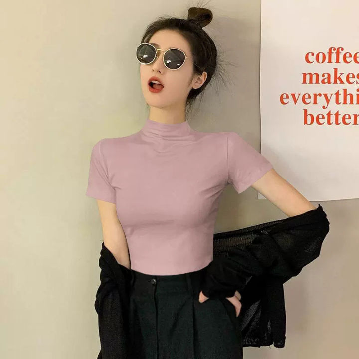 Last%20Lady%20Black%20Crew%20Neck%20Short%20Sleeve%20T-Shirt%20Women's%20Spring-Summer%202025%20Ice%20Silk%20Mid%20Neck%20Top%20Tight%20Half%20Sleeve%20Base%20Shirt%20-%20Image%208