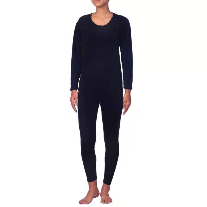 Women's Microfiber Polar Fleece Lined Long Johns Top And Bottom Thermal Set - Black