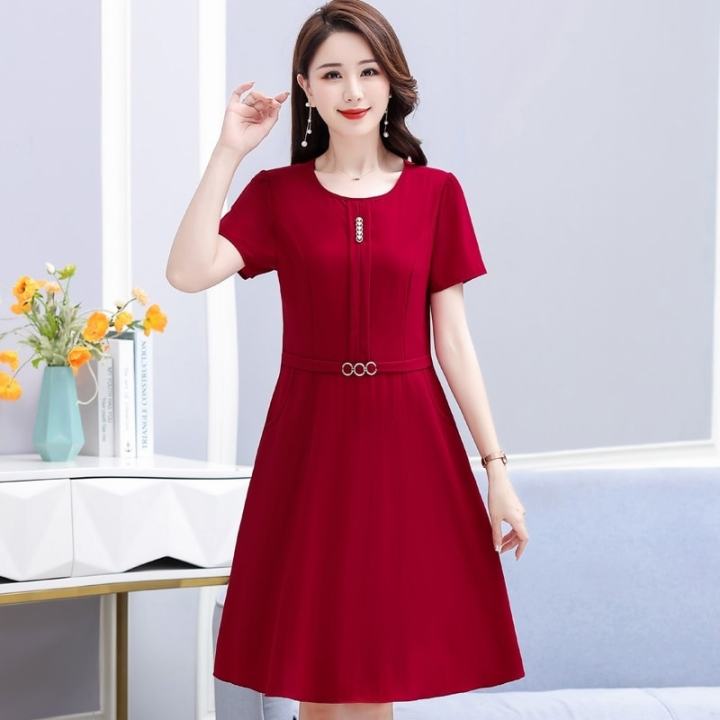 Women Short Sleeve Midi A-Line Adjustable Waist Casual Dress