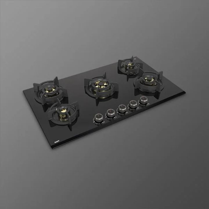 KAFF 5 Burner Built-In-Hobs | Ashford ASF 865 | 86cm | Auto Electric Ignition | Black Tempered Glass (8 mm Thick) | Brass Burner Caps coated in Black + Brass Flame Spreader