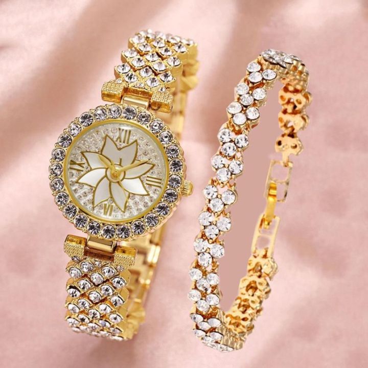 Fashion With Bracelet Gypsophila Watch Rose Gold Alloy Ladies Watch Bling Bling Flower Diamond Watch