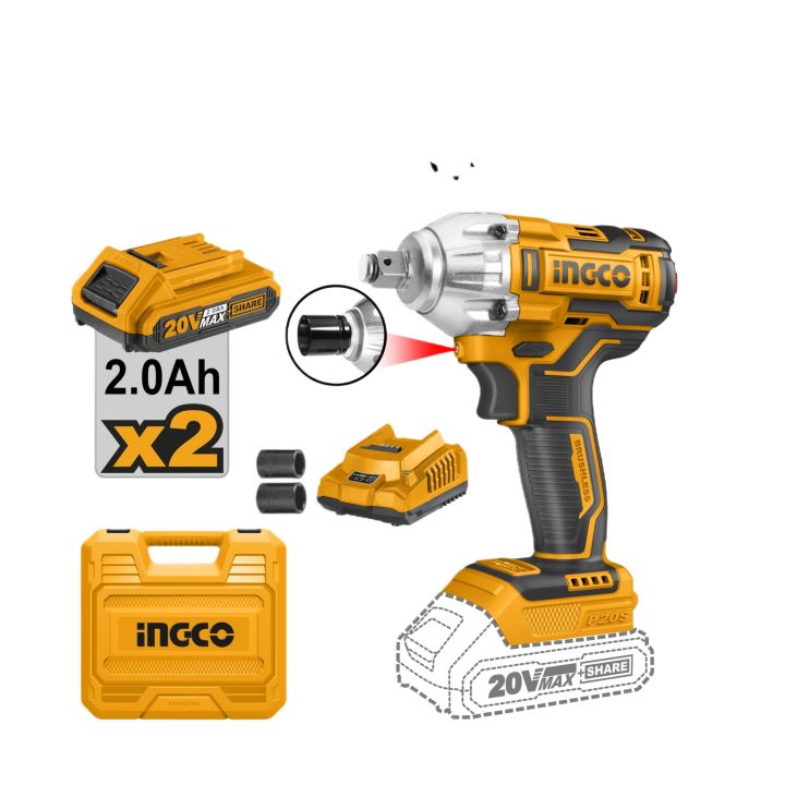 INGCO 20V 300Nm Brushless Cordless Impact Wrench With 2 Pcs Sockets, 2 Pcs 2.0Ah Battery Pack And 1 Pcs Charger