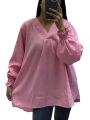 Oversized Women's Plus Size V-Neck Elegant Full Sleeves Plain T-Shirt. 