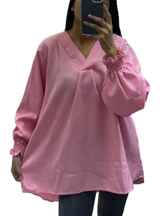 Oversized Women's Plus Size V-Neck Elegant Full Sleeves Plain T-Shirt