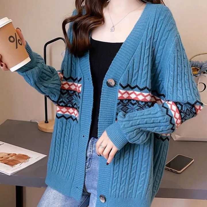 New Oversize Cardigan Women Korean Fashion Geometric V-Neck Ladies