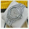 Iced Men's Watch Fashionable Diamond Surrounded Roman Numeral Index Date Display Stainless Steel - Silver. 