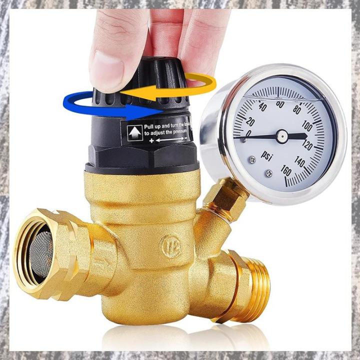 RV Water Pressure Regulator Valve, Adjustable Water Pressure Reducer with Gauge and Inlet Screen Filter for RV