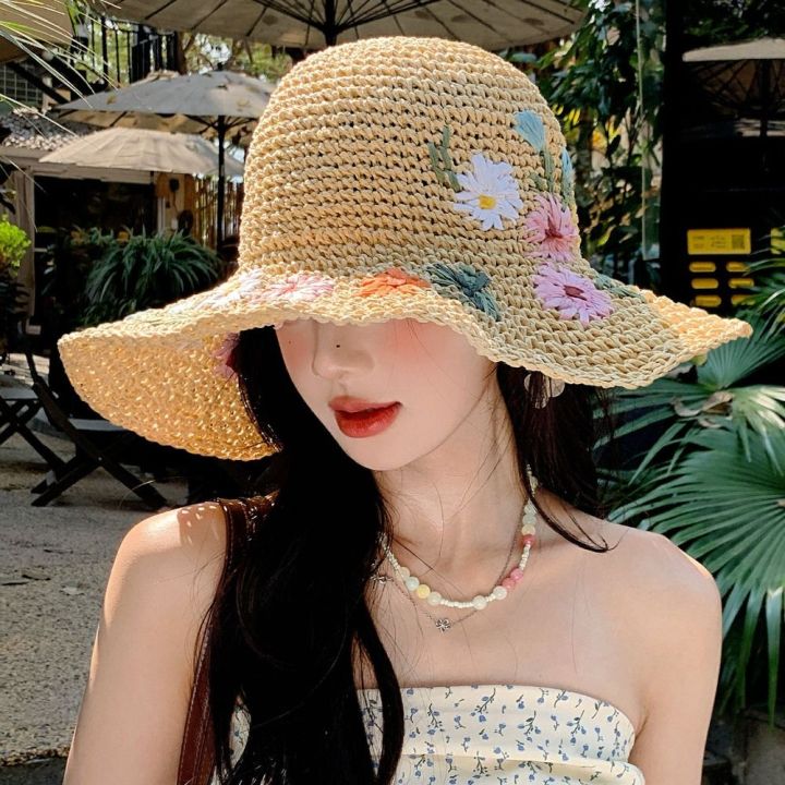 Casual%20Colorful%20Flower%20Straw%20Hat%20Boho%20Wide%20Brim%20Women's%20Sun%20Hats%20Lightweight%20Foldable%20Weave%20Hat%20Travel%20-%20Image%206