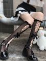 Wenefang 1 pair of Lolita calf socks with bow tie and cross tie wooden ear lace stockings JK girls' bow princess stockings. 