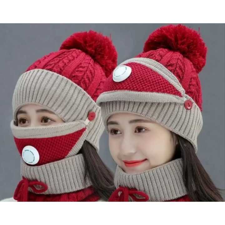Women's Slouchy Knit Knitted Topi Scarf Mask 3-Piece Set for Winter Comfort