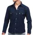 Blue Jeans Full Sleeve Front Pocket Design Plain Shirt For Men. 