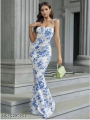 Claire Women’s Blue Floral Bodycon Maxi Dress | Sleeveless Slim Fit Summer Party Dress | Elegant Square Neck Evening & Wedding Wear. 