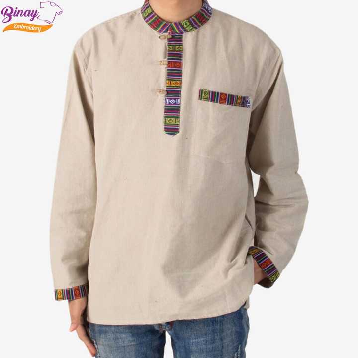 Binay Embroidery Cream Nepali With Bhutani Borderd Kurta Shirt For Men - Fashion | Men's Wear | Kurtha Shirts |