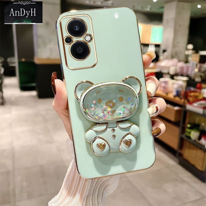 AnDyH Phone Case for OPPO Reno 7Z Reno 8Z Reno 7 Lite Reno 5 Lite 5G F21 Pro 5G Cute Quicksand Liquid Bear Bracket Anti Drop Camera Protection