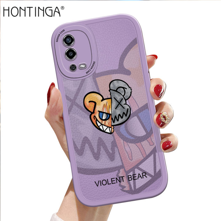 Hontinga for OPPO A55 Back Cover PU Leather Fashion Bear Print Soft Silicone Edge Phone Case