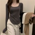 Long sleeve t-shirt women's spring and autumn new trendy ins irregular slim fit student casual crop top girl base shirt. 