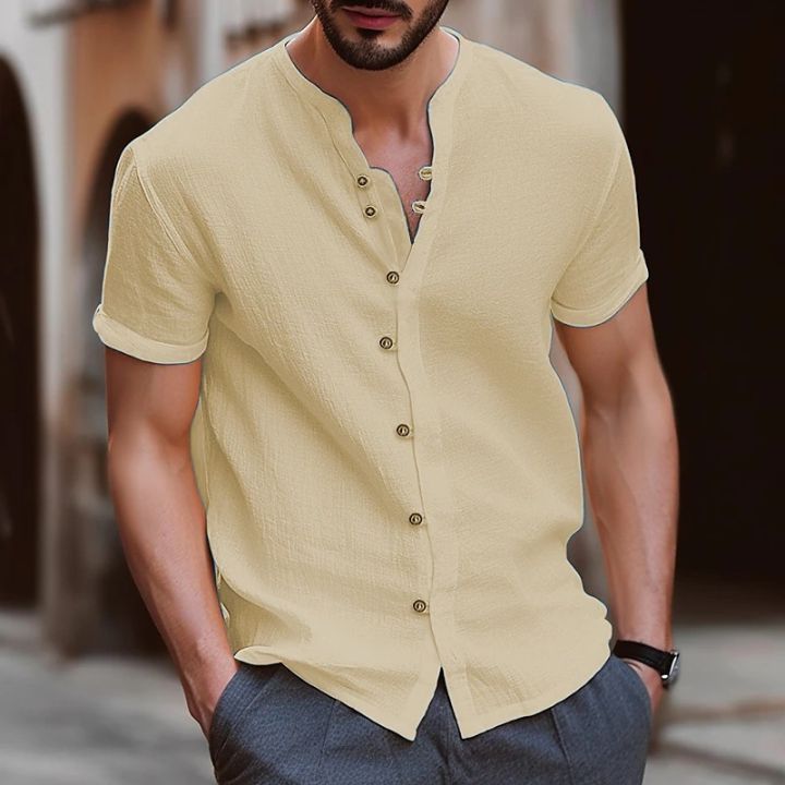 Shirt%20Casual%20Style%20Beach%20Short%20Sleeve%20Collarless%20Fashion%20High%20Bargain%20price%20Quality%20Men's%20Polo%20Shirt%20Men's%20Collarless%20T%20Clothing%20Top%20-%20Image%203