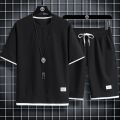 Waffle short sleeve t-shirt men's casual sportswear wholesale summer loose two-piece half-sleeved t-shirt two-piece set. 