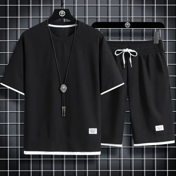 Waffle%20short%20sleeve%20t-shirt%20men's%20casual%20sportswear%20wholesale%20summer%20loose%20two-piece%20half-sleeved%20t-shirt%20two-piece%20set%20-%20Image%203