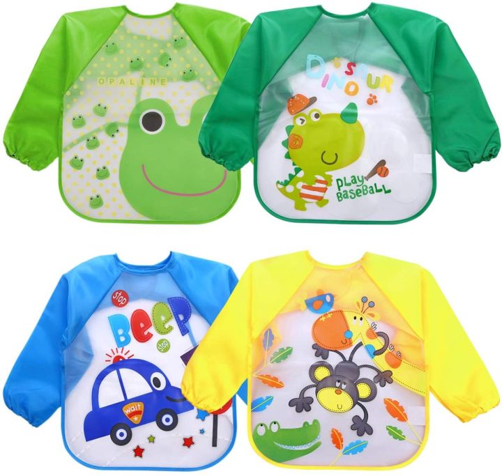 2 Pcs Bibs with Sleeves Baby Feeding Bibs Waterproof Long Sleeved Bib Plastic EVA Washable Weaning Bibs Toddler Painting Apron Bibs for Toddlers Baby Boys & Girls 6 Months to 5 years