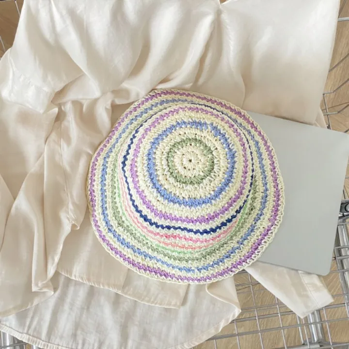 Fashion%20Summer%20Beach%20Straw%20Cap%20Women's%20Striped%20Rainbow%20Sun%20hat%20Handmade%20Wide%20Brimmed%20Bucket%20Hat%20Girls%20-%20Image%204