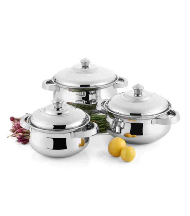Induction Base Stainless Steel Handi Set Of 3 With Lid ,Capacity 1L/1.5L/2L,Weight 2 Kg Approx
