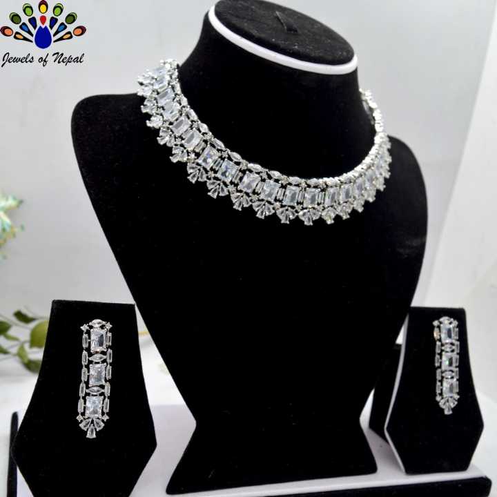 Jewels of Nepal American Diamond Studded Choker Necklace & Earrings Set for Women