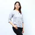 Attire Nepal Grey Cotton V-Neck Quarter Sleeve Flower Printed Front Button Design Tops For Women. 