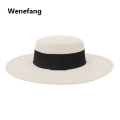 Wenefang French Women's Hat Big Wide Brim 10CM Fedora Hat Winter Wool Derby Wedding Jazz Hats Flat Top Felt Hat. 