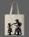 Father & Child Printed Tote Bag | Father Son Motorcycle Design– Black & White. 