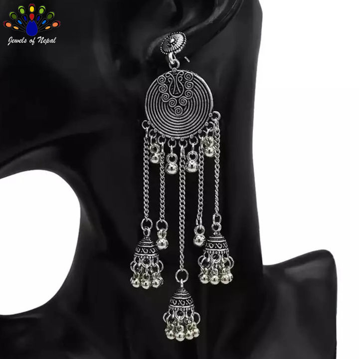 Silver Antique Toned Boho Chain Tasseled Bell Fall Jhumka Earrings - Jewels of Nepal