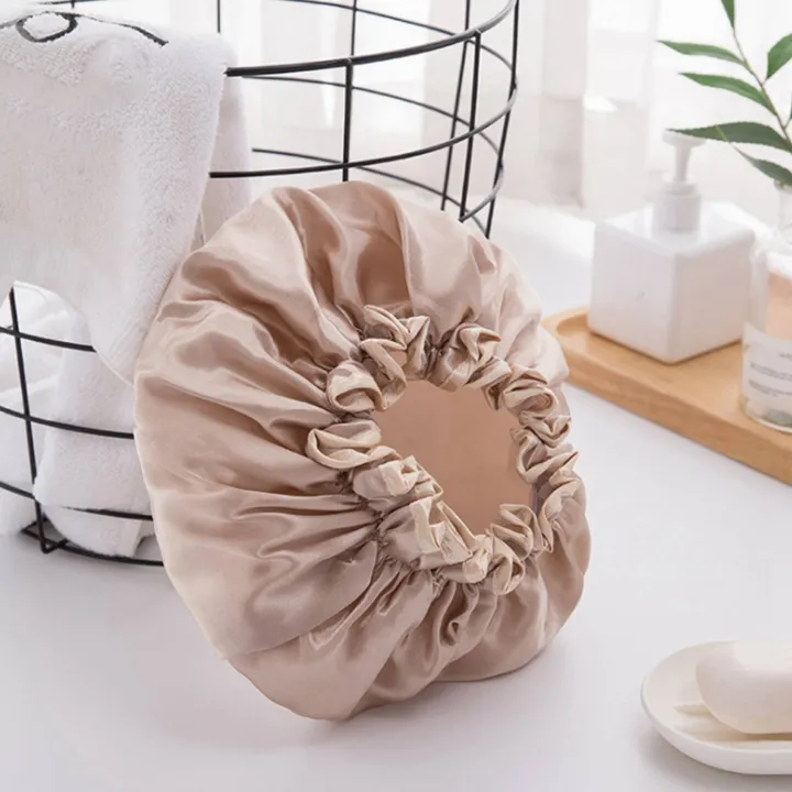 fasdaga%202%20Pcs%20Women'S%20Waterproof%20Hat%20Bathing%20Long%20Hair%20Bathing%20Headgear%20Hair%20Cover%20Oil%20Fume%20Dry%20Hair%20Cap,%20Pink%20&%20Champagne%20-%20Image%204