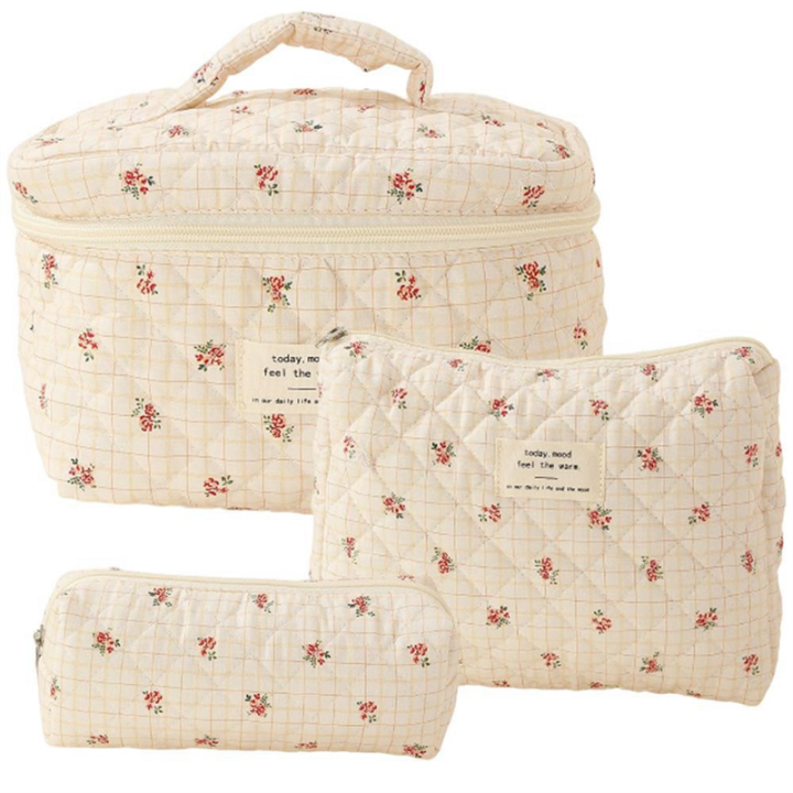 Makeup Cosmetic Bag 3 Pcs Cotton Quilted Makeup Bag Aesthetic Floral Toiletry Bag for Women F